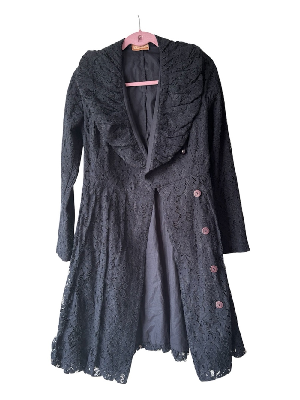 ARMINE Navy Blue Lace Coat Dress Size 38 Elegant Modest Floral Lace Turkey